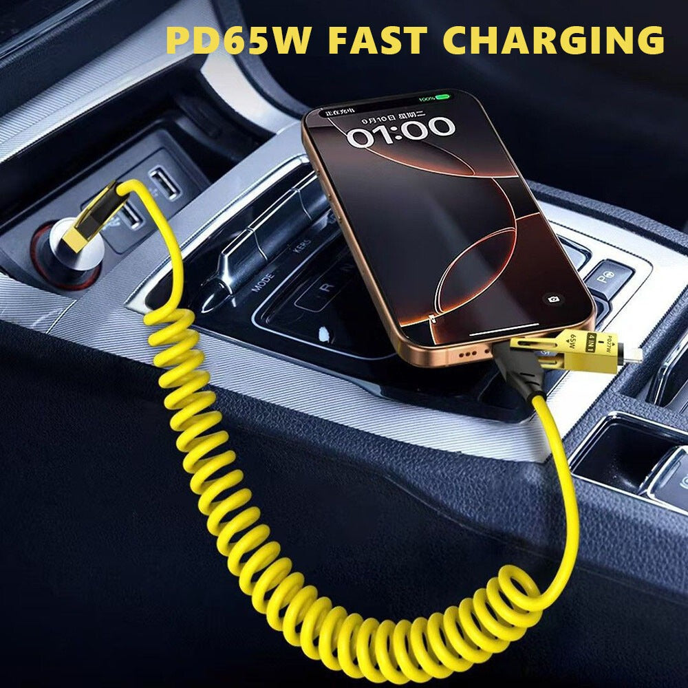(4-in-1, Type C, PD 65W, Fast Charging, Spring Cable, iPhone 16/15, USB A, Lightning, Data Transfer) PD 65W Fast Charging USB to Type-C Cable with Lightning/Micro/USB-A Adapters, 480Mbps Data Transfer, Multi Adjustable Charger for iPhone 16/15 & Android