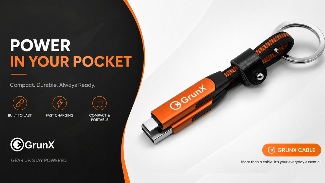 GrunX Sonic 6-in-1 keychain charging cable with 240W fast charging, USB-C and Lightning connectors, compact portable design for iPhone, Android, and laptops