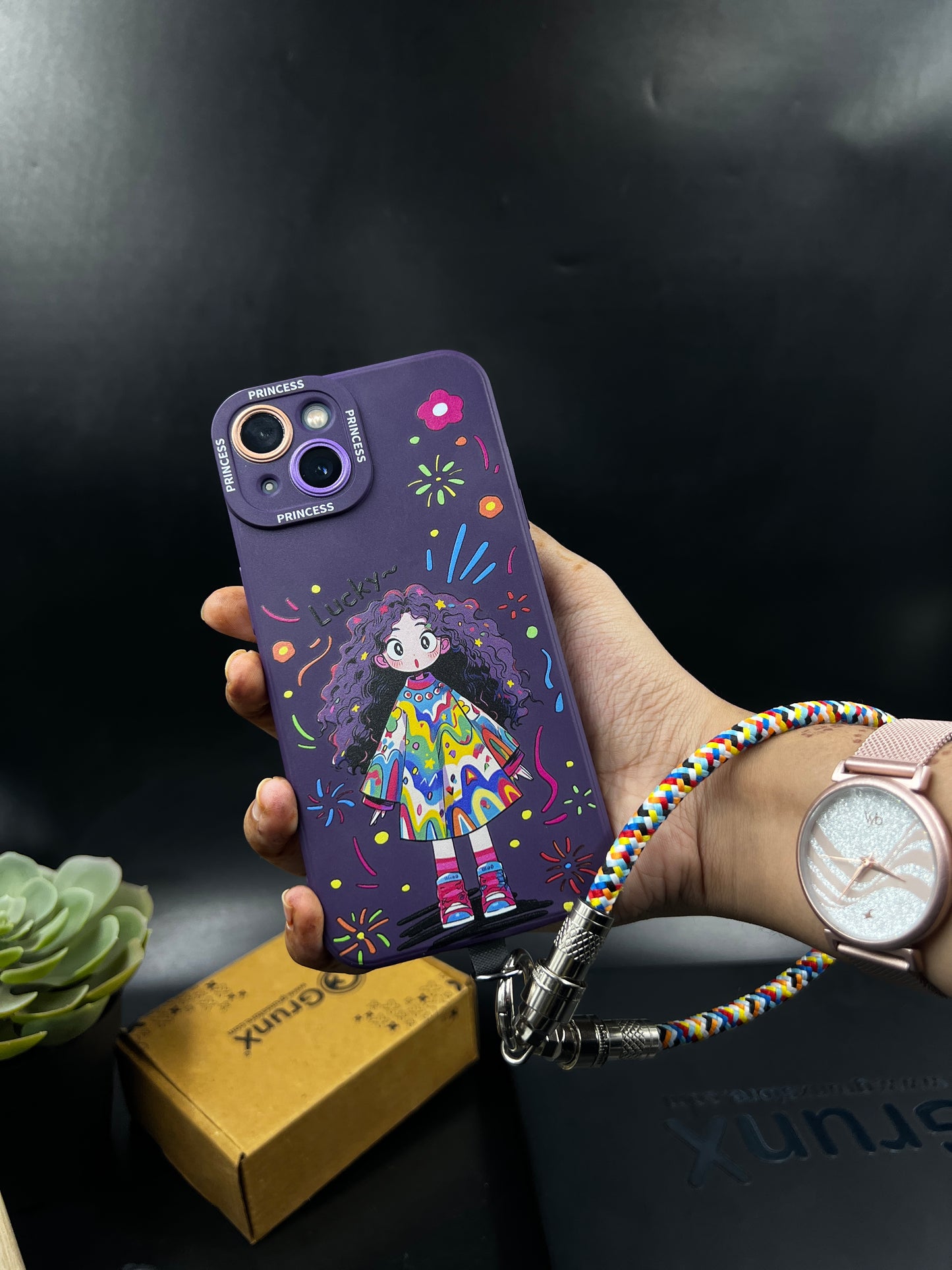 Rainbow Braided Phone Lanyard Wrist Strap with Silver Metal Lock Connector