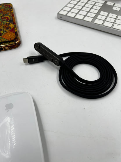 INBAE TikTok cable invisible stand folded flat showing slim profile alongside MacBook and Samsung Galaxy S25