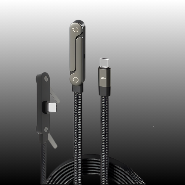 INBAE TikTok 240W USB-C to C charging cable 1.5M with invisible stand holding iPhone 17 upright on Indian work desk
