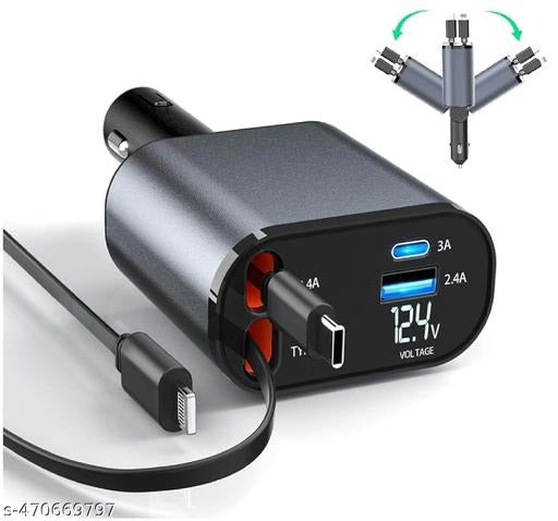 Durable travel car charger INBAE Cool Pro 4-in-1 120W heavy duty ABS + metal build USB-C & Lightning built-in cables