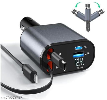Durable travel car charger INBAE Cool Pro 4-in-1 120W heavy duty ABS + metal build USB-C & Lightning built-in cables