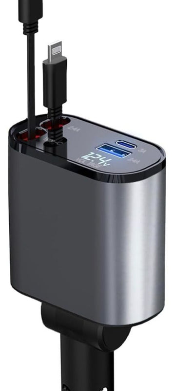 Compact sleek metal-finish INBAE Cool Pro 120W car charger with LED digital voltage display and dual retractable cables