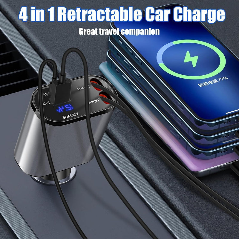 Grunx Cool Pro fast car charger showing two USB-A and two USB-C ports on front panel, with sleek silver-black finish and compact cylindrical design