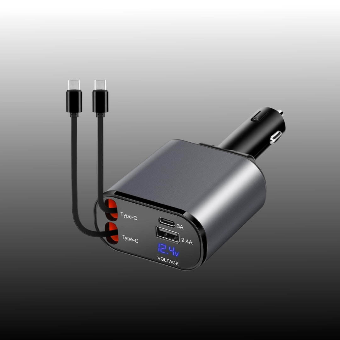 INBAE Cool Pro 4-in-1 120W super fast car charger dual USB-A USB-C built-in Type-C & Lightning cables