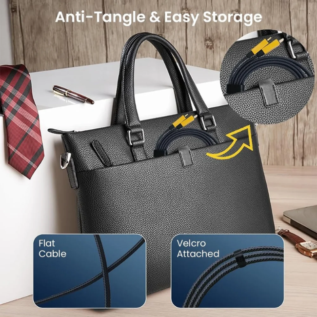 Close-up of INBAE Daily 2-in-1 65W cable connector heads – USB-C and Lightning ports for smartphones and tablets