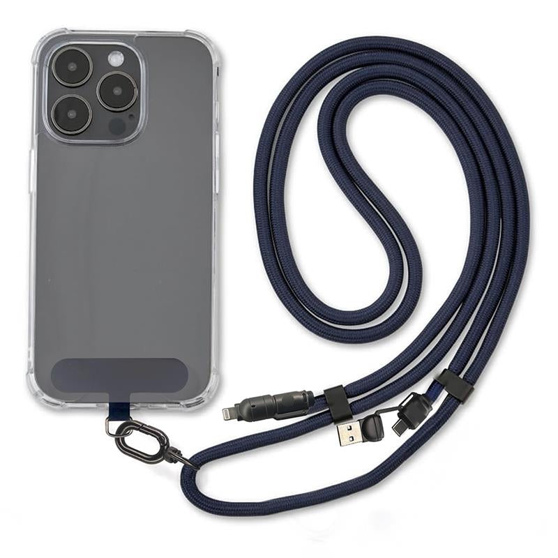 4-in-1 multi-connector fast-charging lanyard cable & phone holder – INBAE Lasso, supports USB-C, Lightning, Micro-USB, durable build