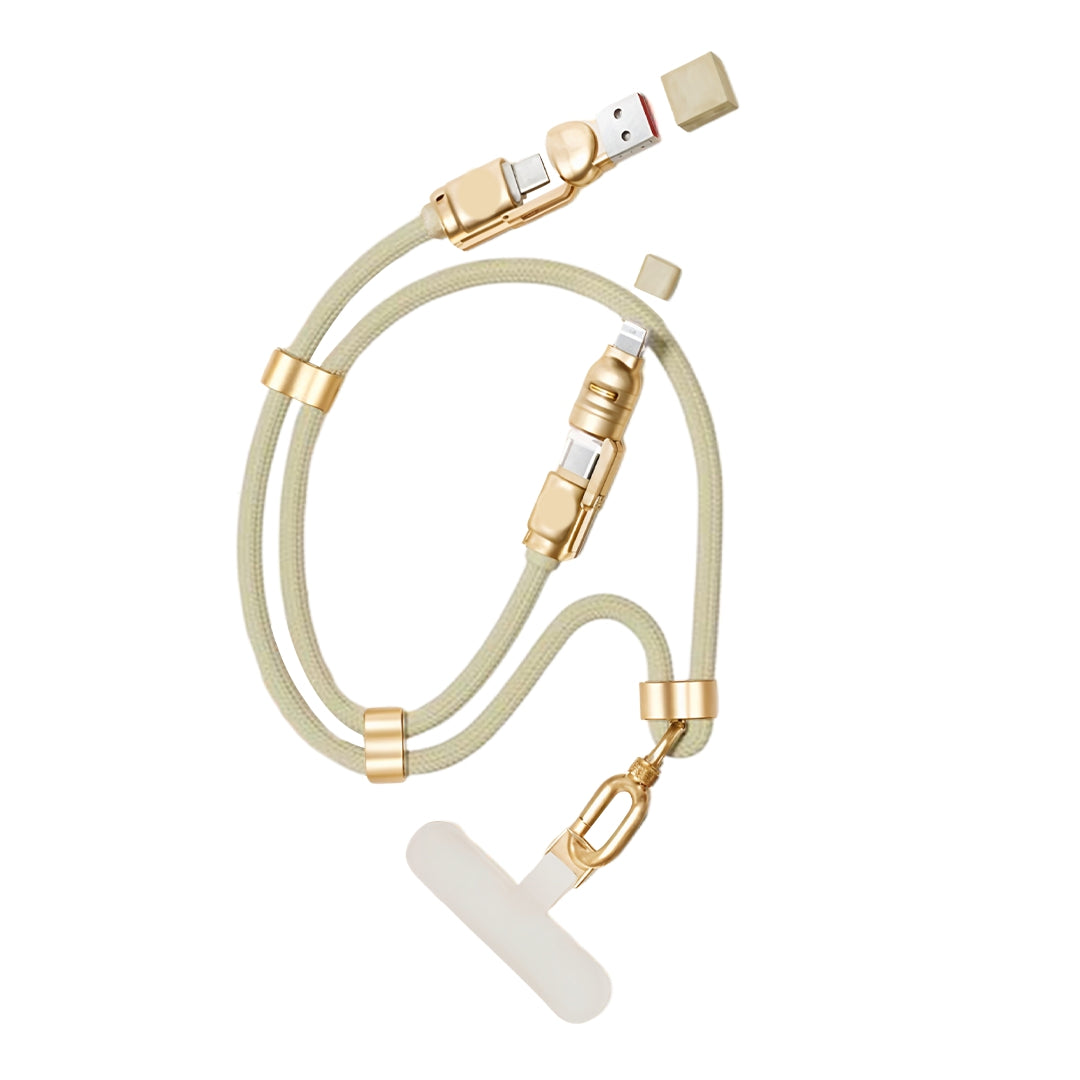 4-in-1 fast charge lanyard cable by INBAE – durable braided lanyard + phone holder + USB-C/Lightning/Micro-USB support