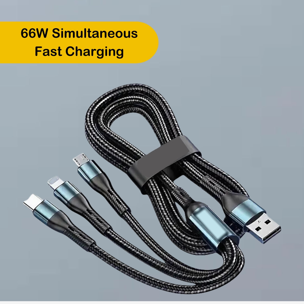 .NBAE Object 3-in-1 fast charging cable plugged into smartphone – high-speed charging for iPhone and Android