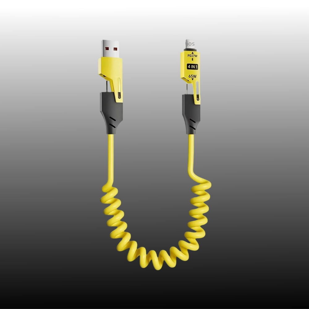 INBAE SPIRA 4-in-1 spring coil fast charging cable with PD 65W USB-C Lightning Micro-USB adapters