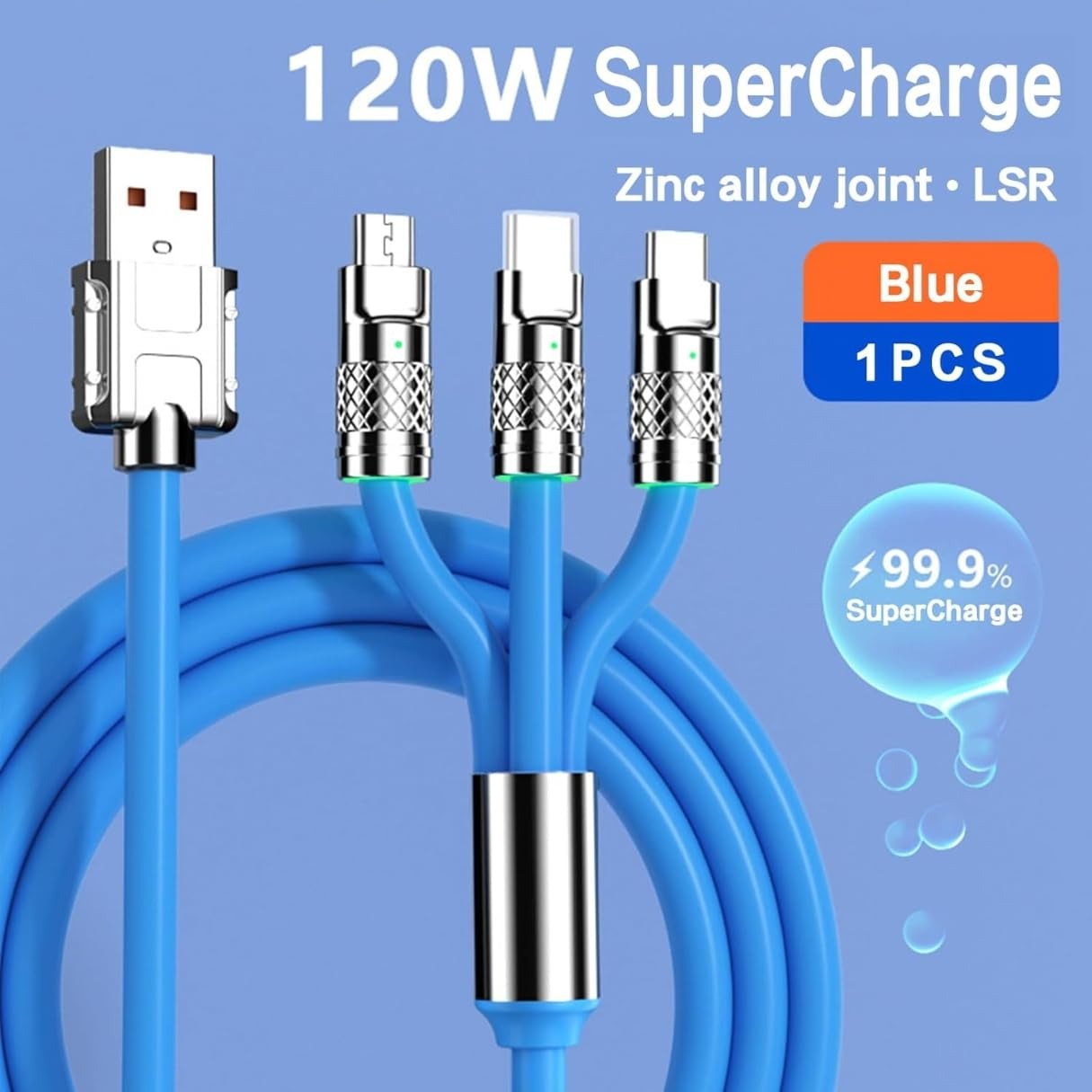 Universal 120 W 3-in-1 fast-charging cable (USB-C + Lightning + Micro-USB) from Triglo – durable braided design, high-speed charging