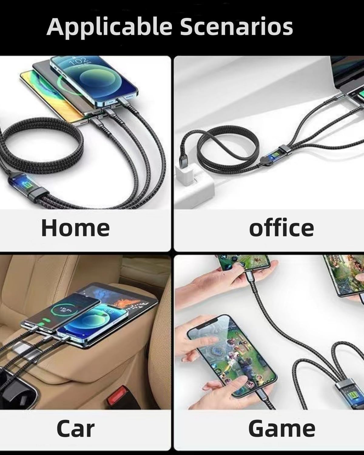 Cotton braided multi-port charging cable with LED display for Type-C, Lightning, Micro USB devices – ideal for fast charging.