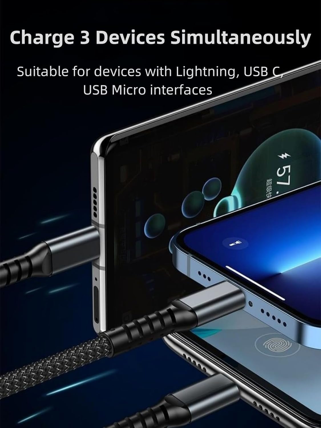 Heavy-duty cotton braided 3-in-1 charger cable with LED screen showing real-time power output for smartphones.