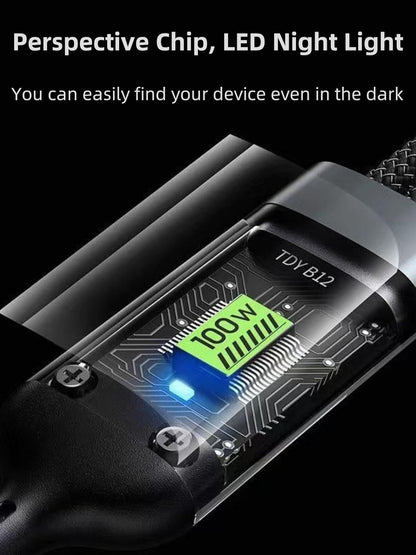 Trono multi-device charging cable with LED output display, Type-C Lightning Micro USB connectors, and tangle-free braided design.