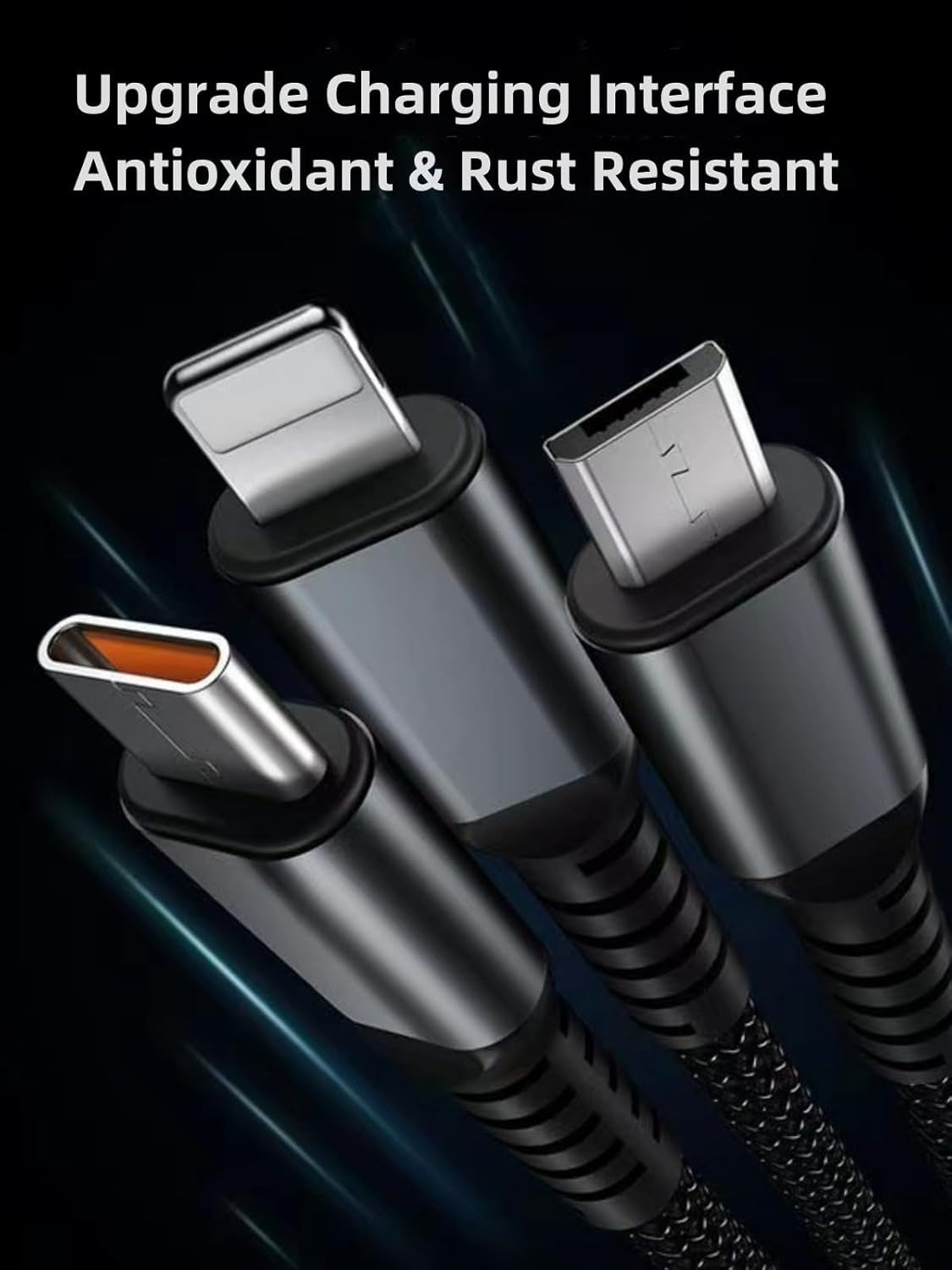 Fast charging 3-in-1 cable with LED wattage display and strong cotton braided exterior for multiple device support.