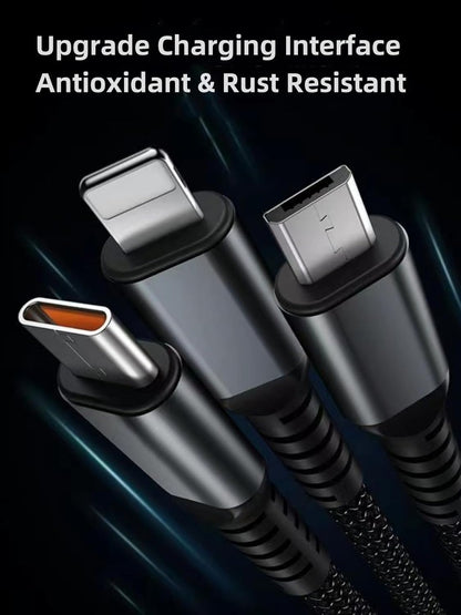 Fast charging 3-in-1 cable with LED wattage display and strong cotton braided exterior for multiple device support.