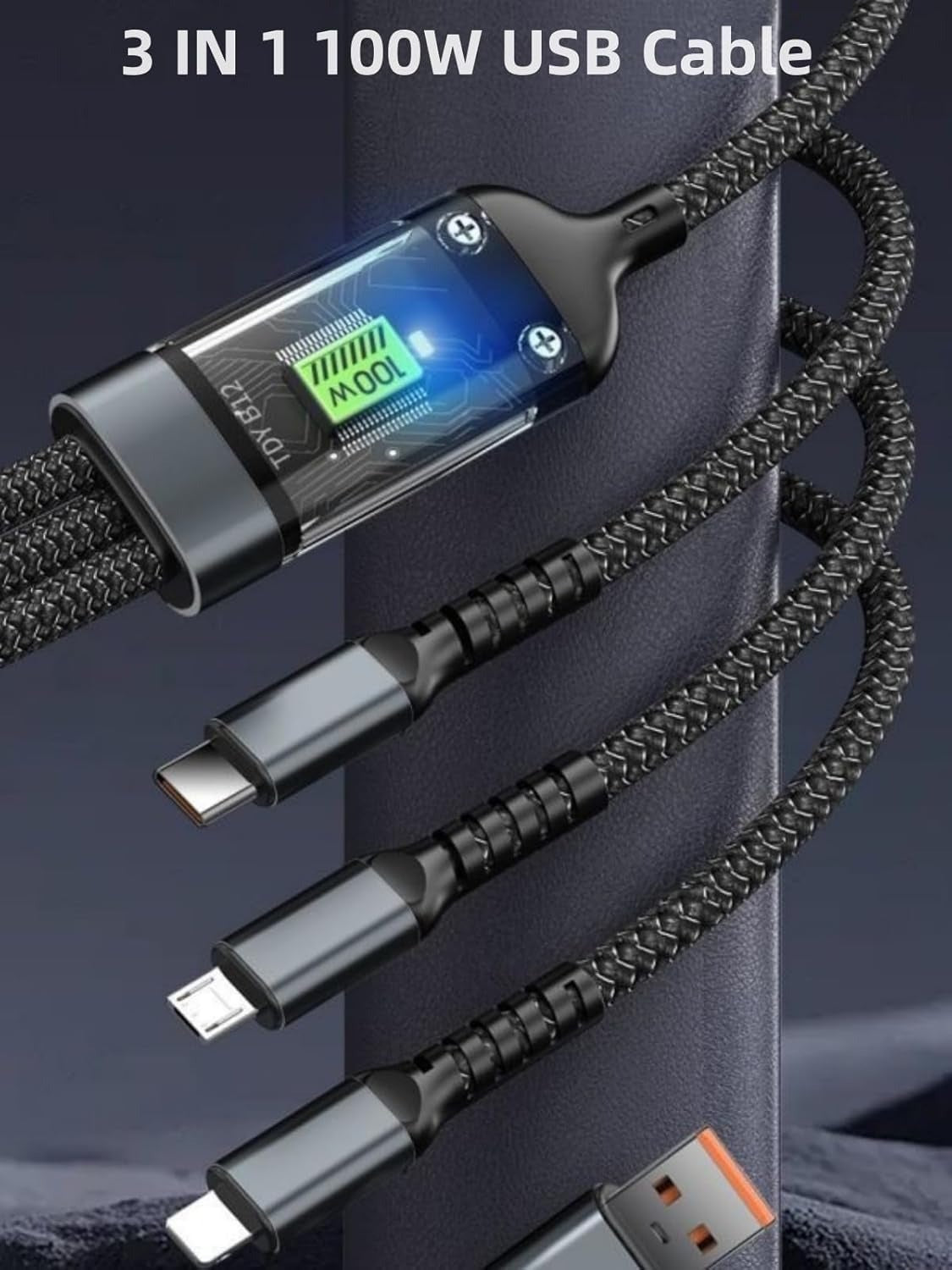 LED display multi-charging cable by Trono featuring Type-C, Lightning, Micro USB connectors and durable braided build.