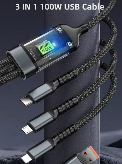 LED display multi-charging cable by Trono featuring Type-C, Lightning, Micro USB connectors and durable braided build.