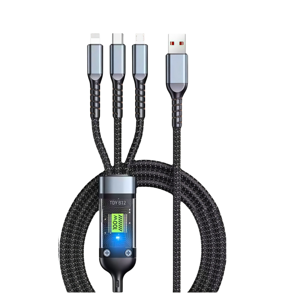 Universal cotton braided 3-in-1 charging cable with LED power indicator, compatible with Android and iPhone.