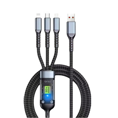 Universal cotton braided 3-in-1 charging cable with LED power indicator, compatible with Android and iPhone.
