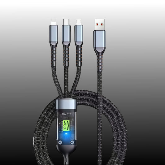 Trono 3-in-1 LED Display Charging Cable | Cotton Braided | Type-C + Lightning + Micro USB