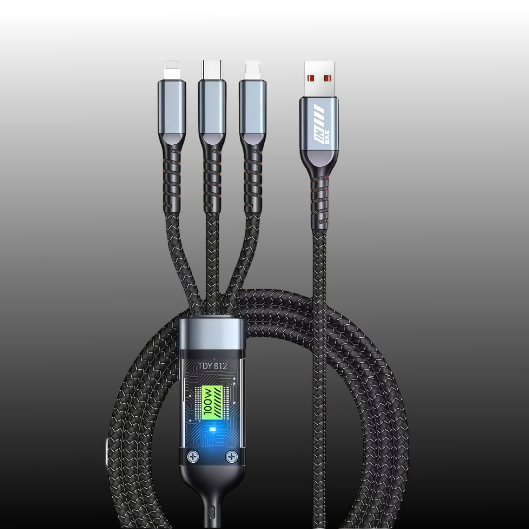 Trono 3-in-1 fast charging cable with LED display and cotton braided design for Type-C, Lightning, and Micro USB devices.