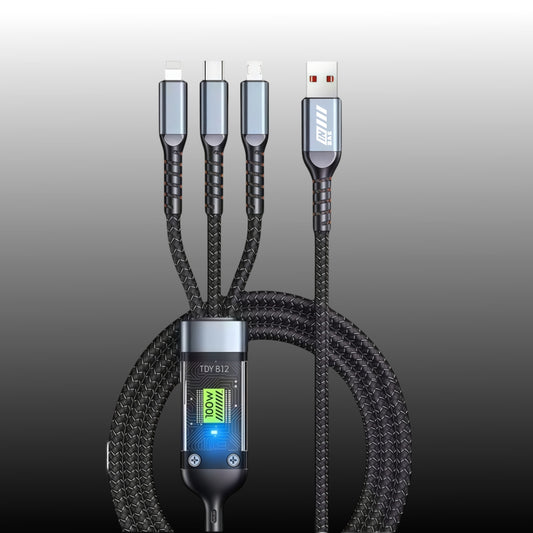 Trono 3-in-1 fast charging cable with LED display and cotton braided design for Type-C, Lightning, and Micro USB devices.