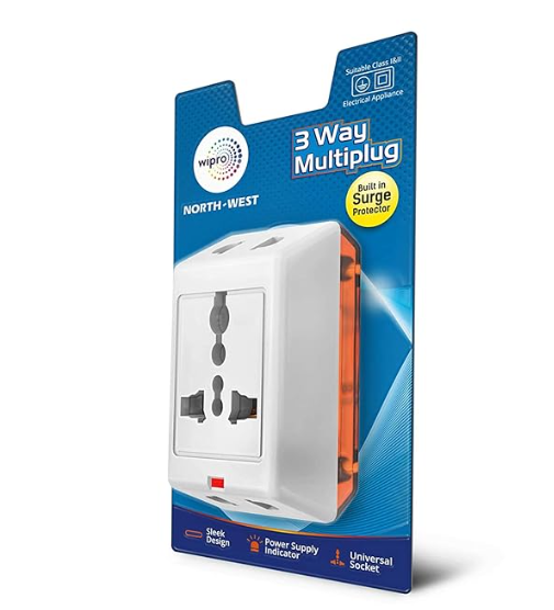 Wipro 3-Way multiplug adaptor 1 universal socket surge-protected extension for home office